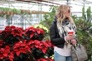 Leather jacket and blanket scarf